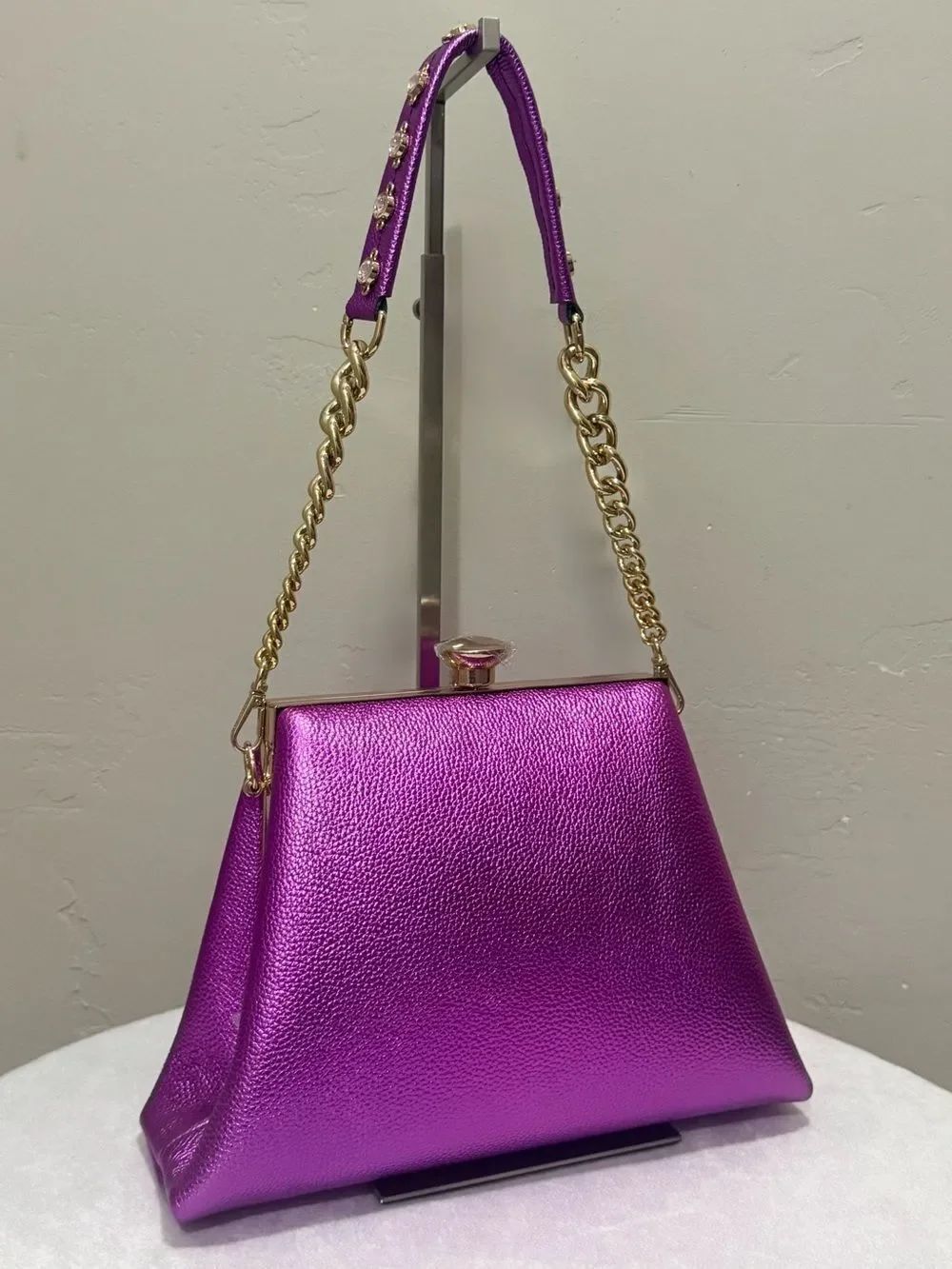 Metallic Purple Pebble Cowhide Handmade Push Lock Boxy Bag, Multi Use Style Bag